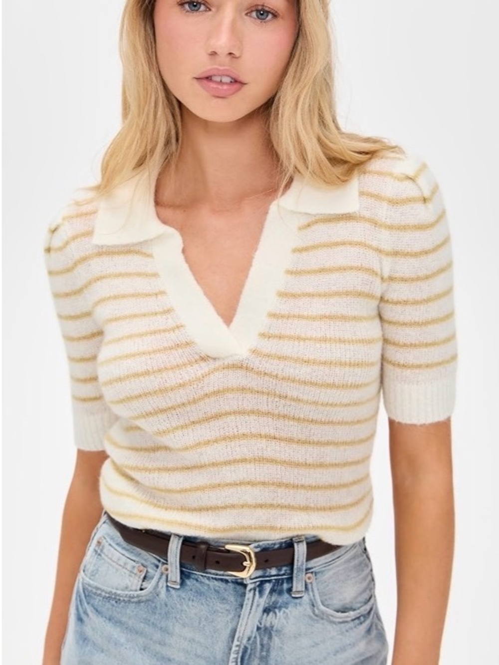 Pistola Billie Top Johnny Collar Cream Ab Pistachio striped Lightweight Sweater